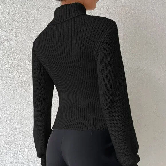 Black Casual Women's Long Sleeve Turtleneck Sweater with Cut Out Eyelet - Picture 2 of 7